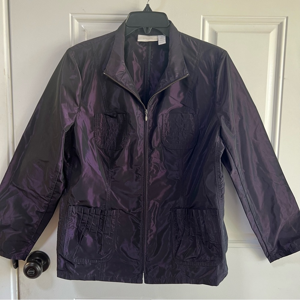 Chico's Purple Black Iridescent Pleat Pockets
Zipper Front Jacket Blazer Size 1